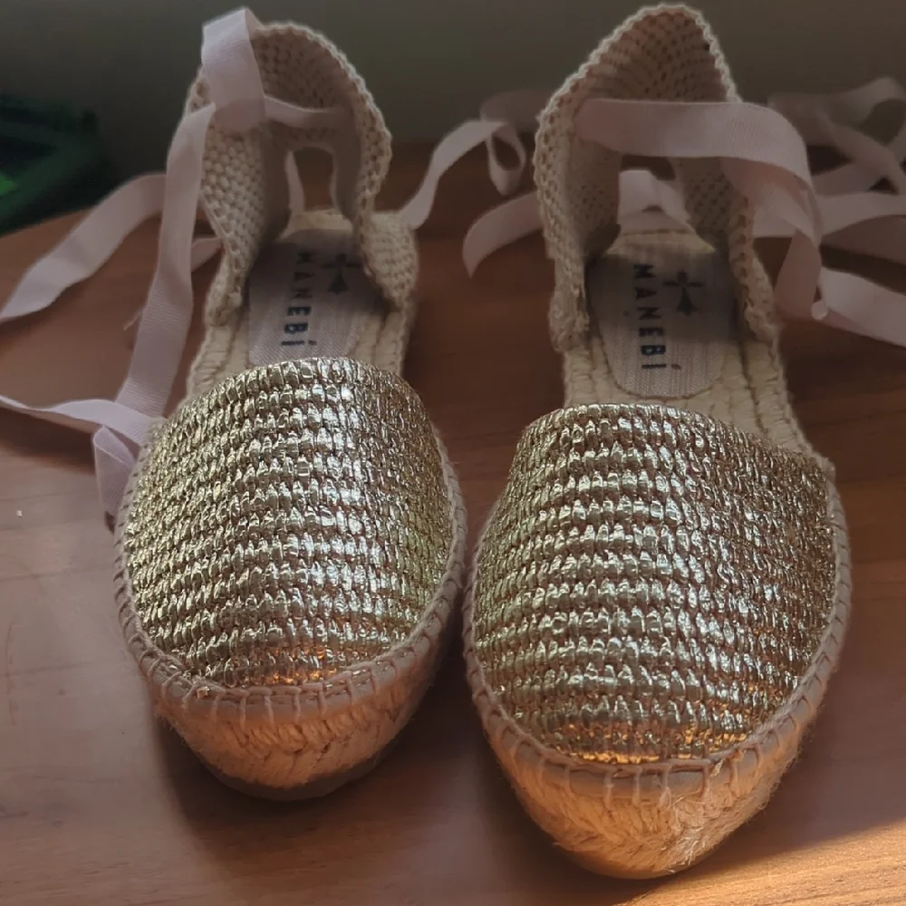 Manebi Elegant Gold Espadrille Flats with Ribbon Accents